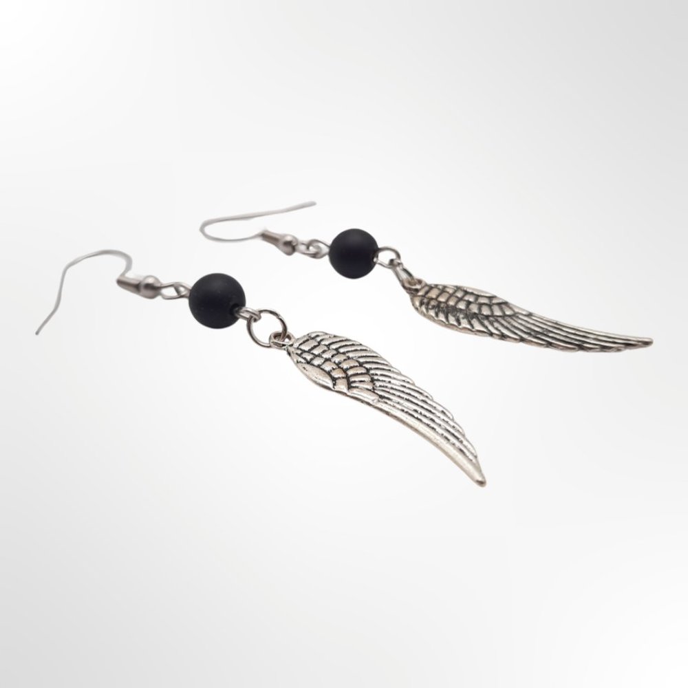 Black Beaded Dangle Drop Silver Wing Minimalist Earrings Handmade Jewelry - Picture 3 of 6